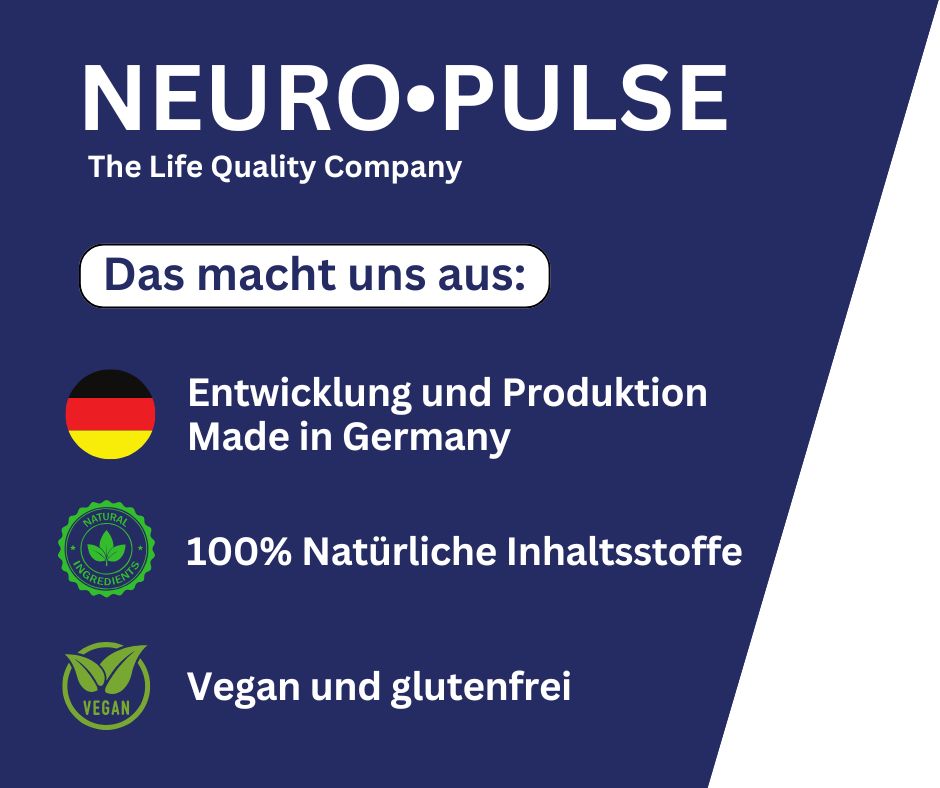 Text: NEURO PULSE. The Life Quality Company. Icons: Deutschlandflagge, 100% natürliche Inhaltsstoffe, Vegan und glutenfrei.