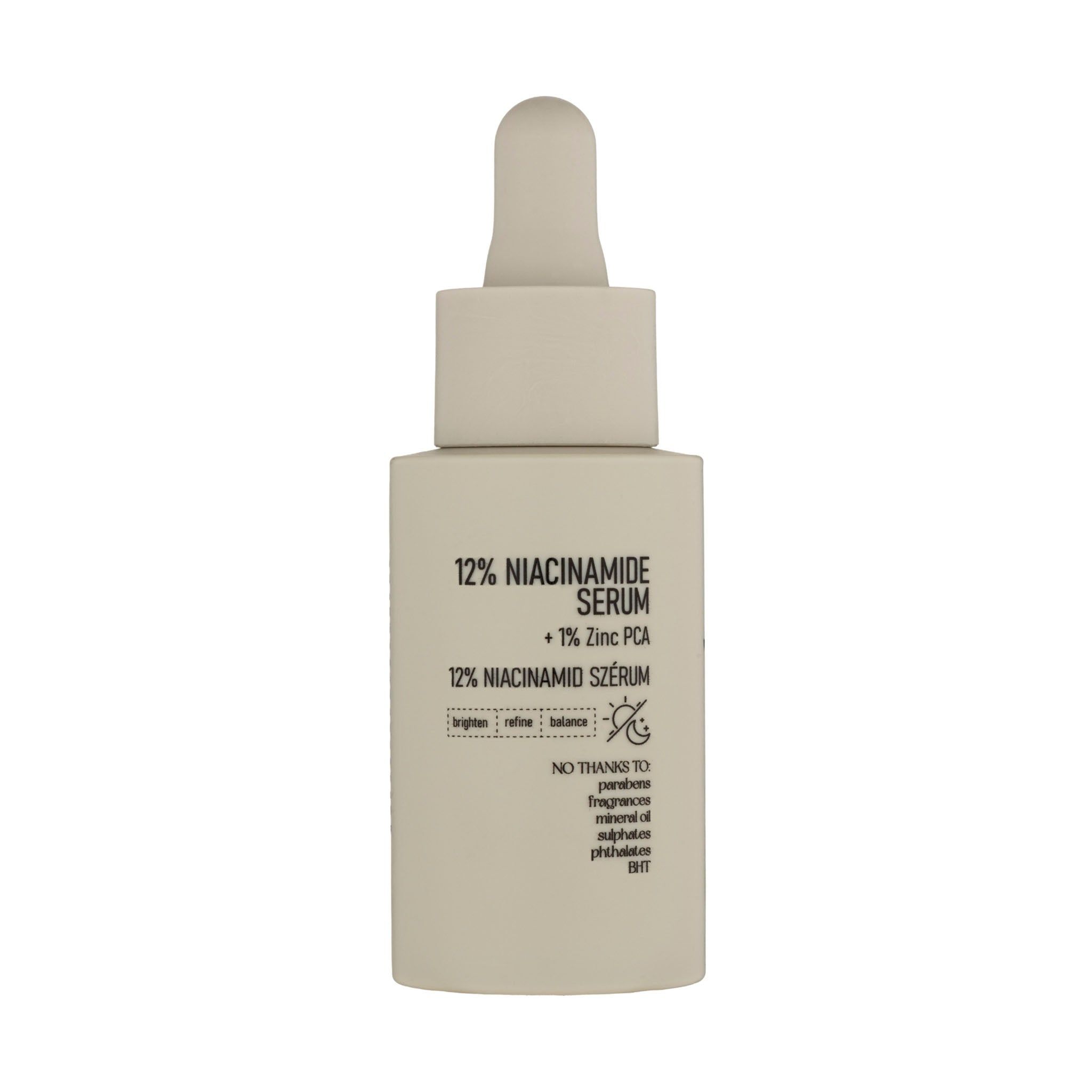 Beige Flasche mit Pipettenaufsatz, 12% Niacinamid Serum.