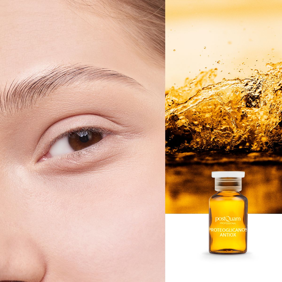 Nahaufnahme eines Auges und einer Postquam Proteoglykane Antioxidant Ampulle. Hintergrund: goldfarbene Flüssigkeit.