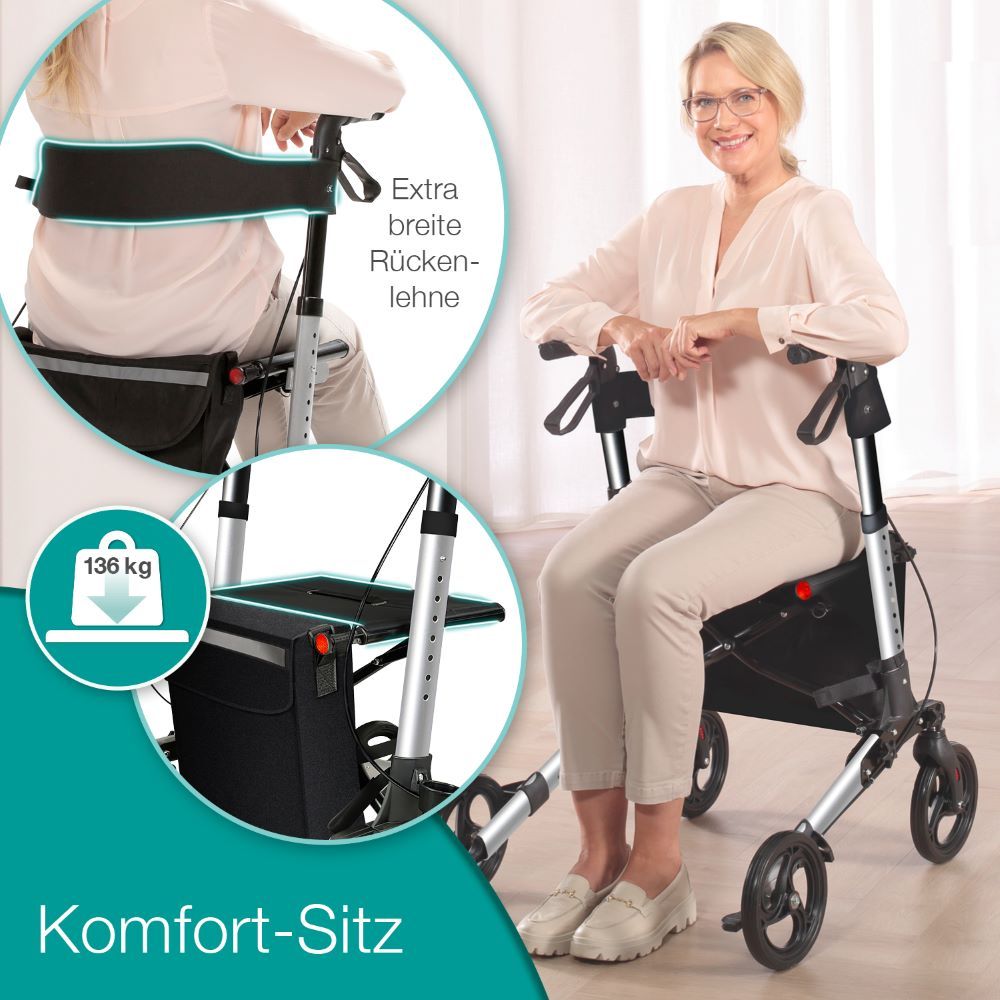 aktivshop Rollator Leichtgewichtrollator mit Stockhalter, Einkaufstasche & Rückengurt
