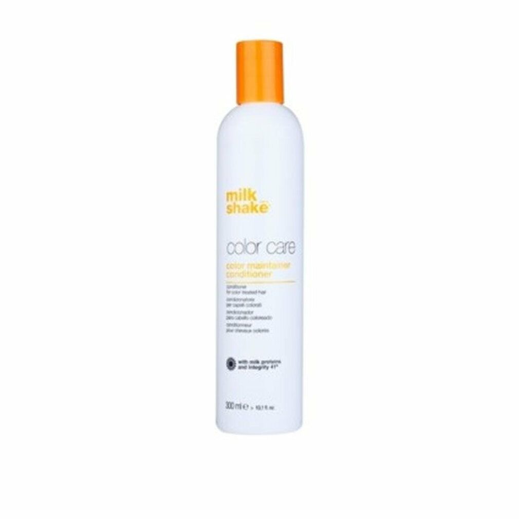 Weiße Flasche mit gelbem Deckel. Aufschrift: milk_shake, color care, color maintainer conditioner. 300 ml.