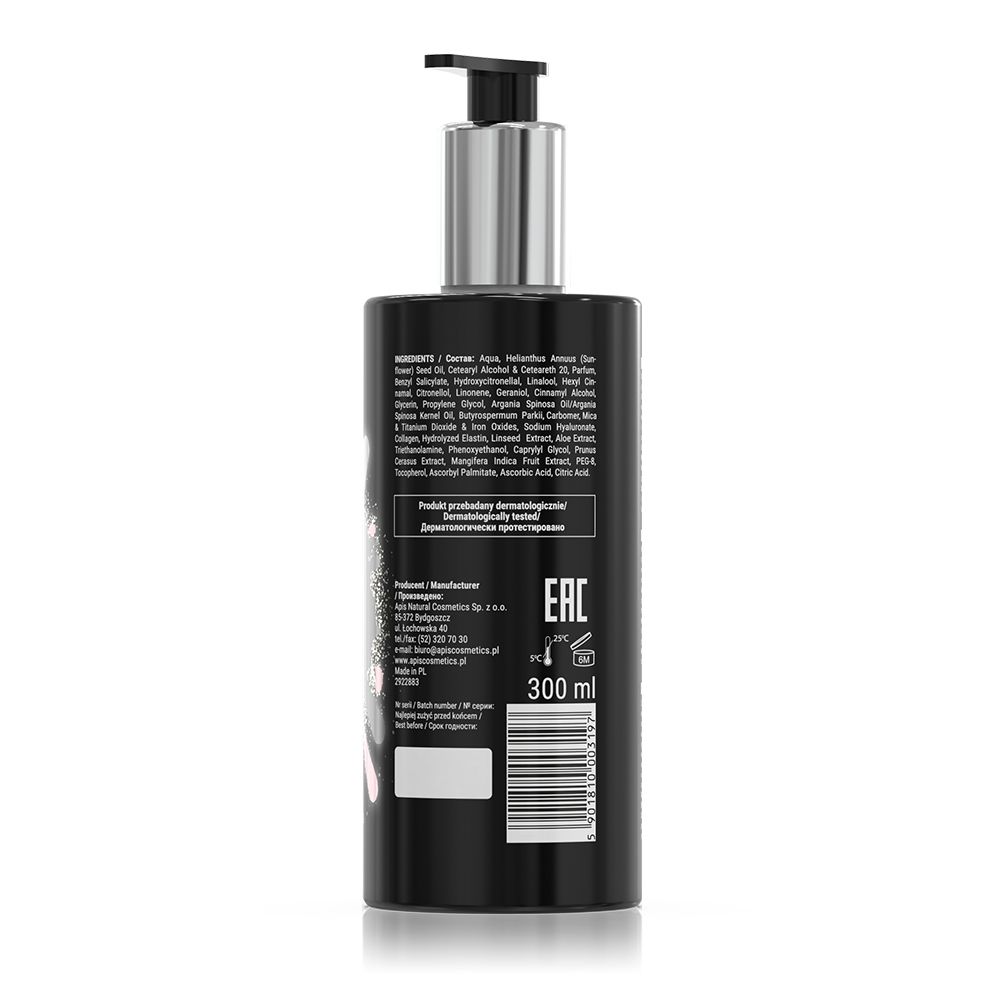 Rückseite einer schwarzen Lotionflasche mit Pumpe. Text: Inhaltsstoffe, Herstellerinformationen, EAC-Zeichen, 300 ml.