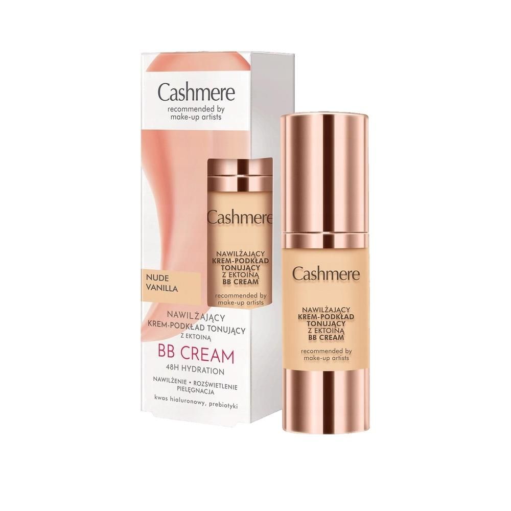 Cashmere BB Cream Flasche und Verpackung. Text: Cashmere, BB Cream, Nude Vanilla, empfohlen von Make-up-Artisten.