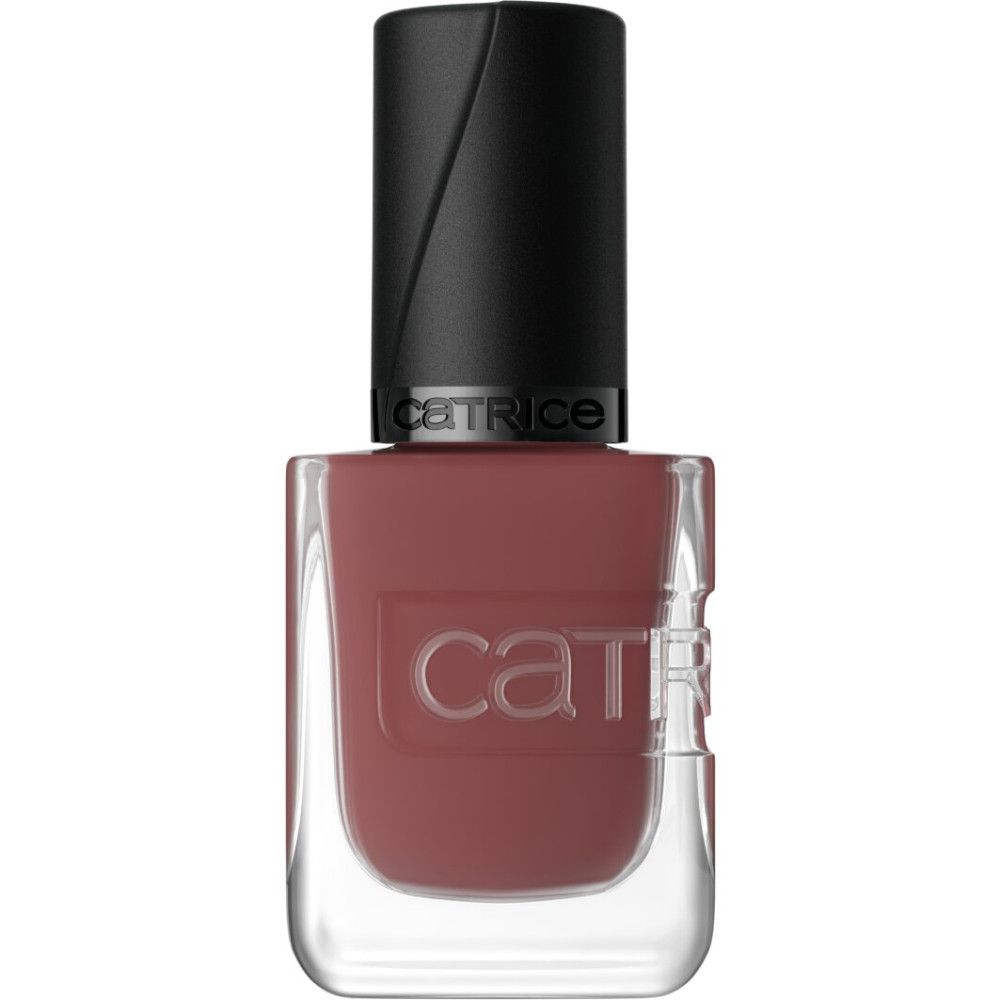Catrice Nagellackflasche in Braunrot mit schwarzem Deckel.