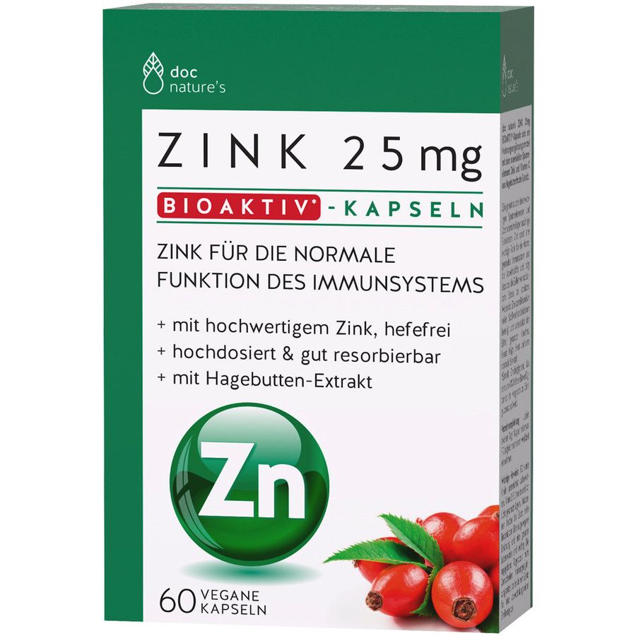 Grüne Schachtel mit Produktinformationen. Aufschrift: Zink 25mg, Bioaktiv-Kapseln. Enthält 60 vegane Kapseln. Abbildung von Hagebutten.