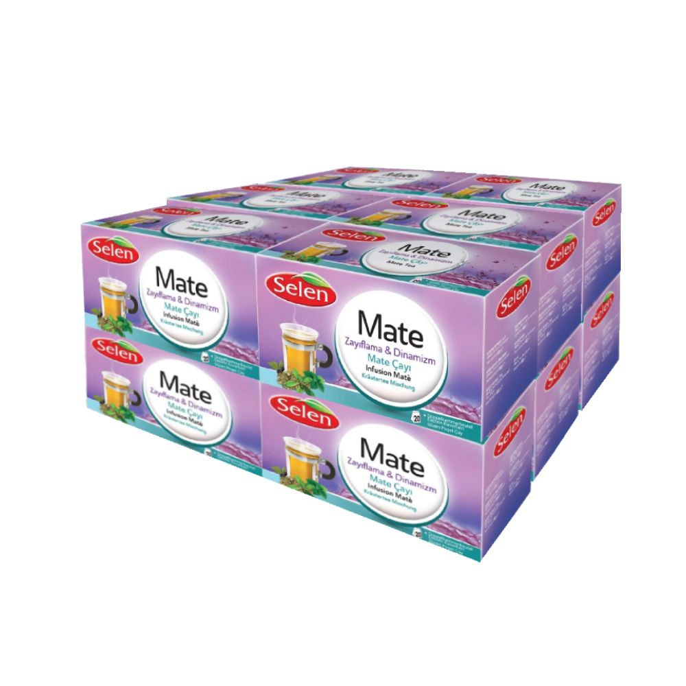 Mehrere Packungen Mate-Tee, gestapelt. Auf jeder Packung steht "Selen Mate". Die Verpackung ist lila und weiß.