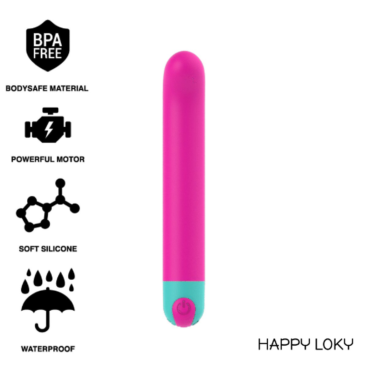Zylindrischer Vibrator, pink und türkis. Aufschrift: HAPPY LOKY. Symbole: BPA-frei, körperfreundliches Material, starker Motor, weiches Silikon, wasserdicht.
