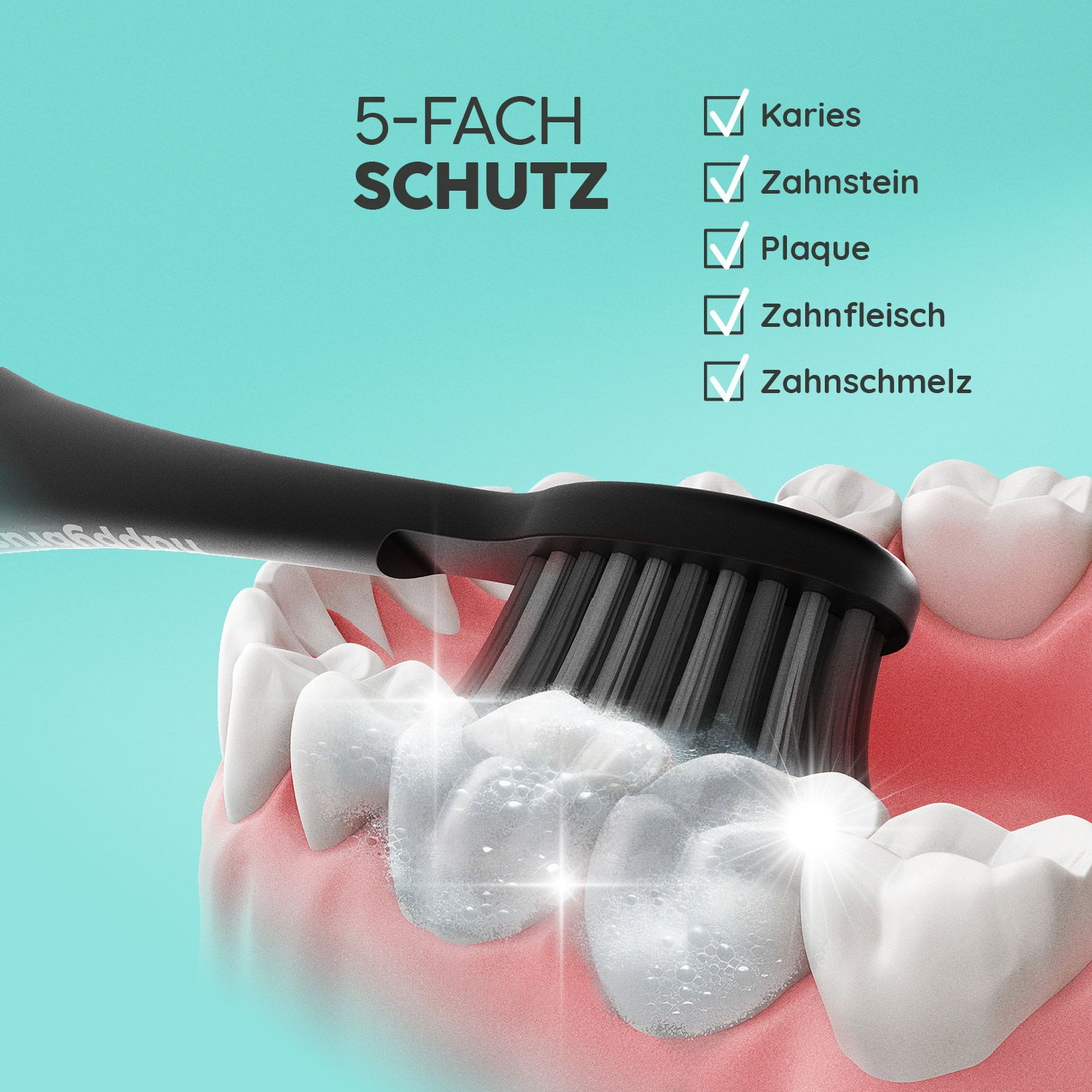 Zahnbürste reinigt Zähne. 5-fach Schutz: Karies, Zahnstein, Plaque, Zahnfleisch, Zahnschmelz.