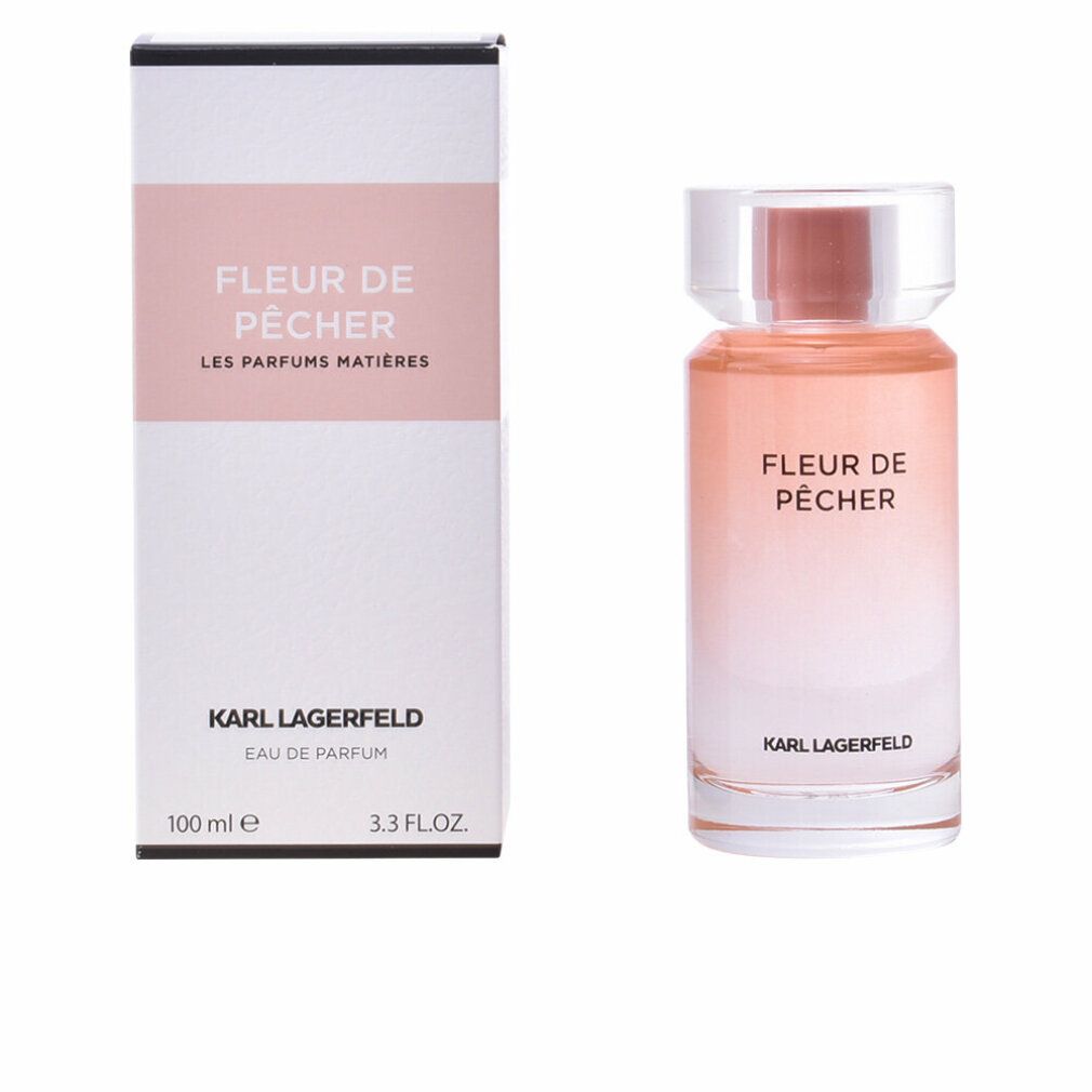 Fleur de Pêcher Eau de Parfum Spray, Flakon. Aufschrift: Karl Lagerfeld. Farbverlauf von rosa nach transparent.