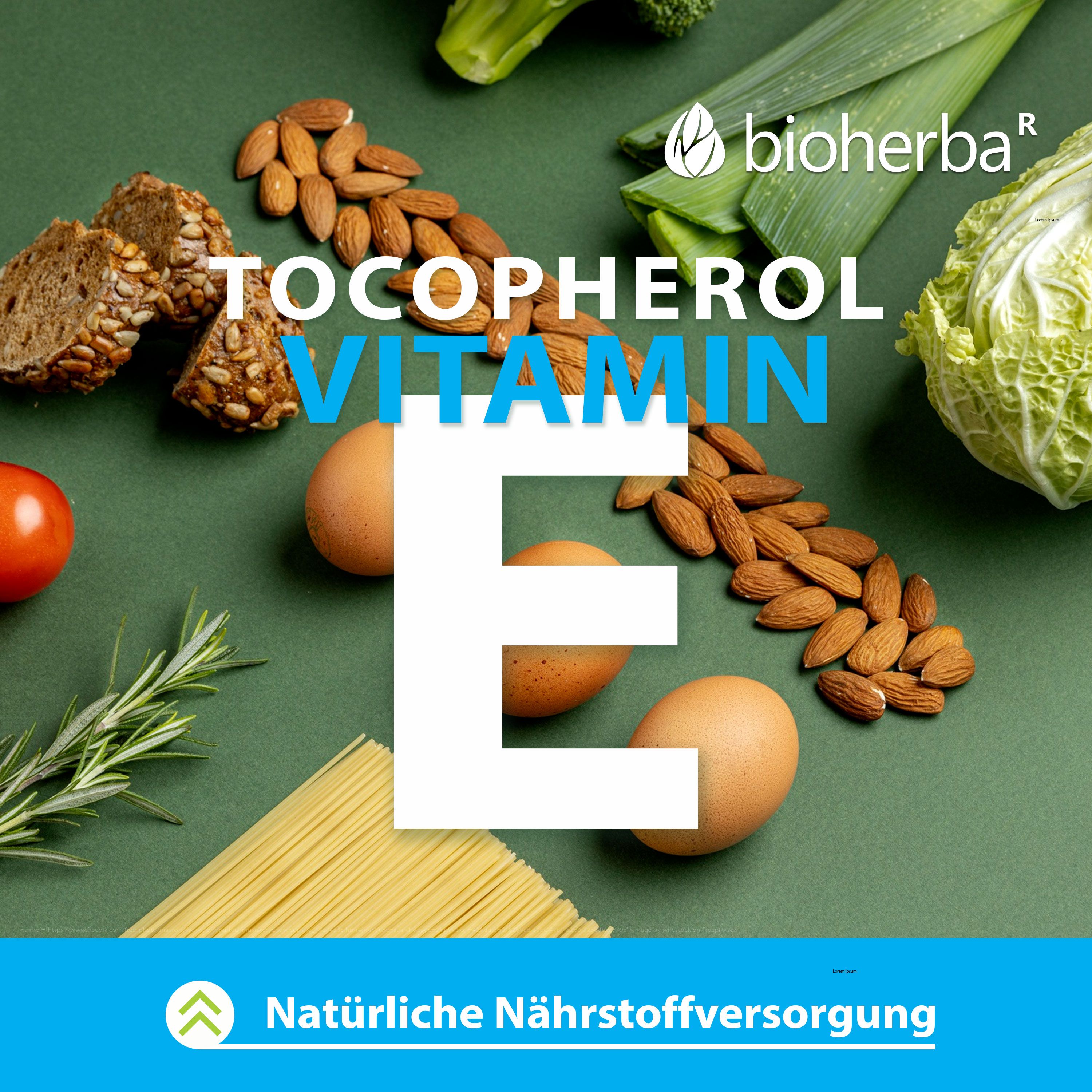 Verschiedene Lebensmittel: Mandeln, Eier, Gemüse, Nudeln. Großes "E" für Vitamin E. Text: Natürliche Nährstoffversorgung.
