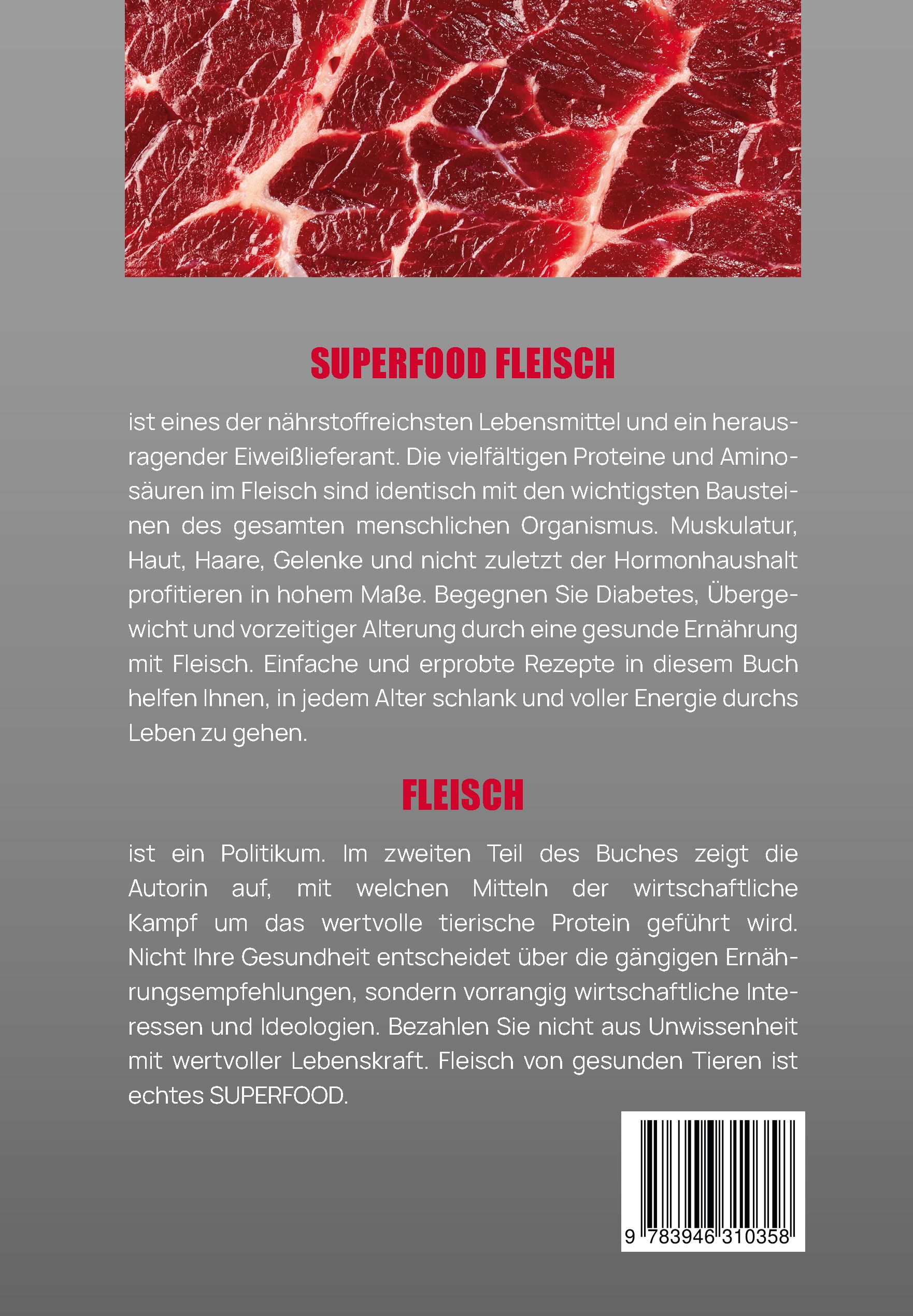 Buchcover mit dem Titel "SUPERFOOD FLEISCH". Oben Fleischtextur, darunter Text in deutscher Sprache und eine ISBN.