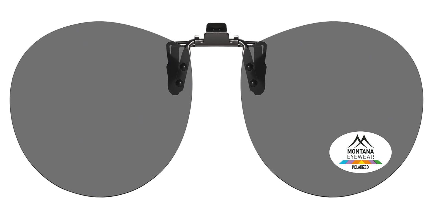 Montana Eyewear Sopot Clip-on-Sonnenbrille mit runden Gläsern. Schwarzer Rahmen, polarisiert. Logo auf dem rechten Glas.