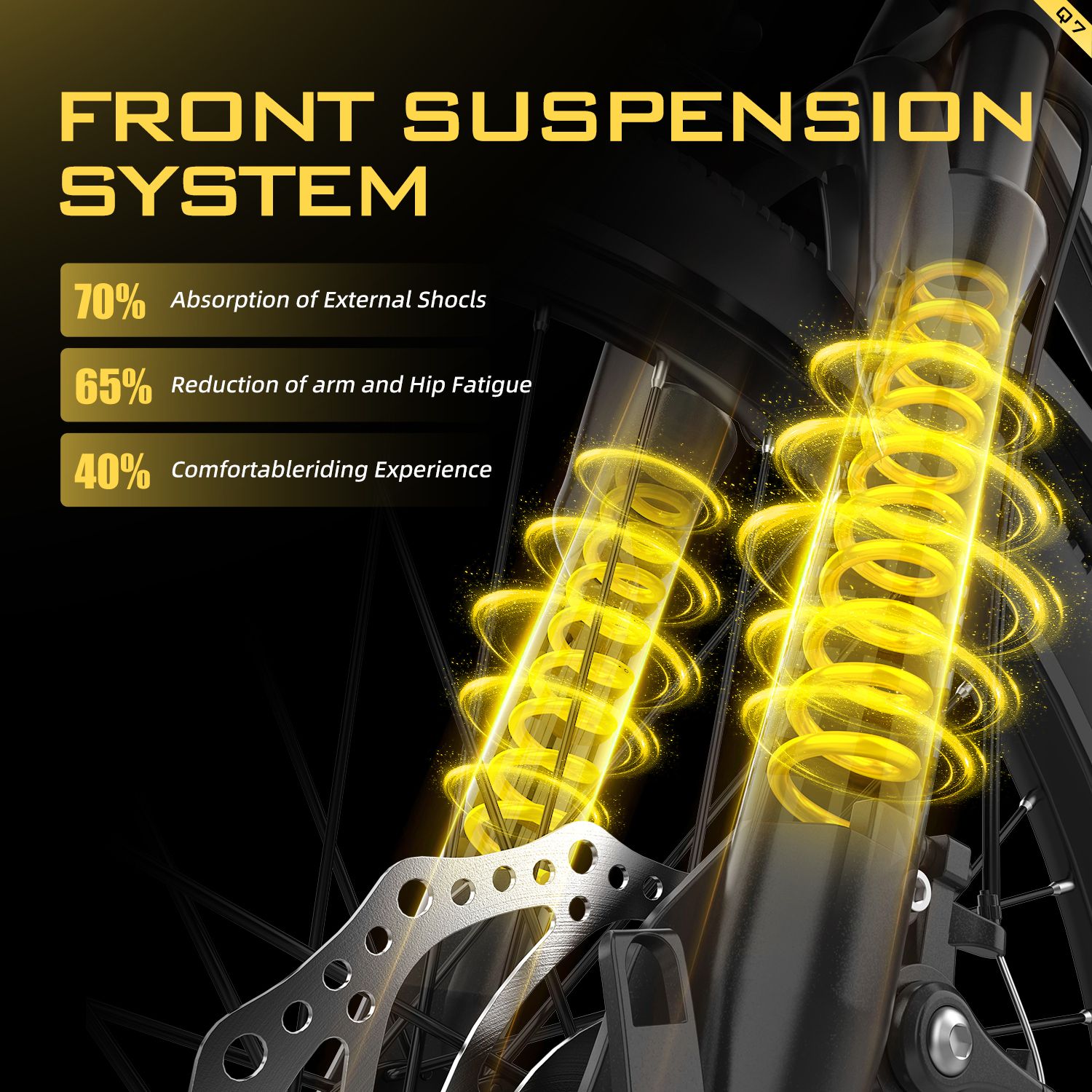 Vorderradaufhängung mit gelben Federn. Informationen zu Stoßabsorption, Ermüdungsreduzierung und Fahrkomfort.