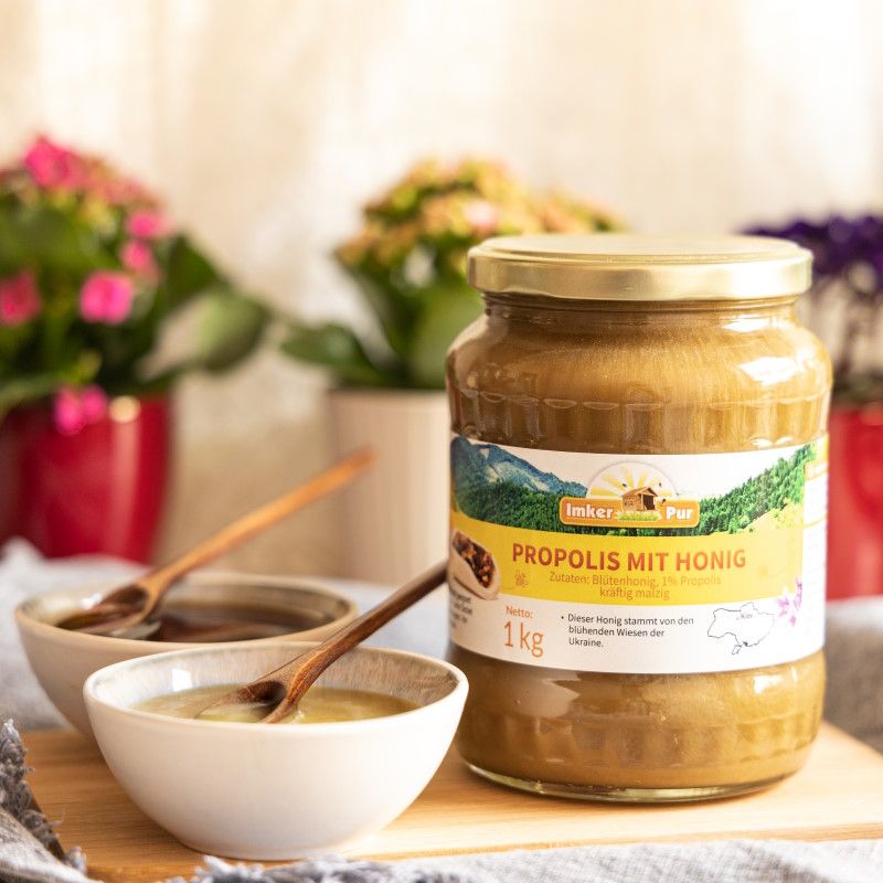 Glas Honig mit Propolis, zwei Schalen mit Honig, Holzlöffel. Hintergrund: Pflanzen.