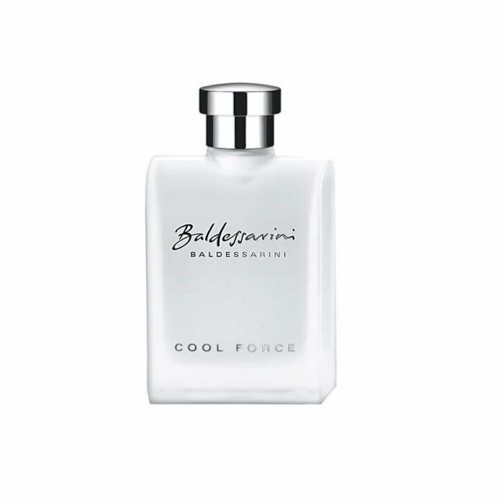 Baldessarini Cool Force After Shave Lotion in mattweißer Flasche mit silbernem Verschluss.