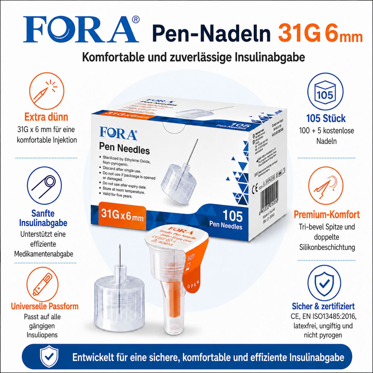 FORA Pen-Nadeln 31G 6mm, 105 Stück. Extra dünn, sanfte Injektion, universelle Passform. CE-zertifiziert.