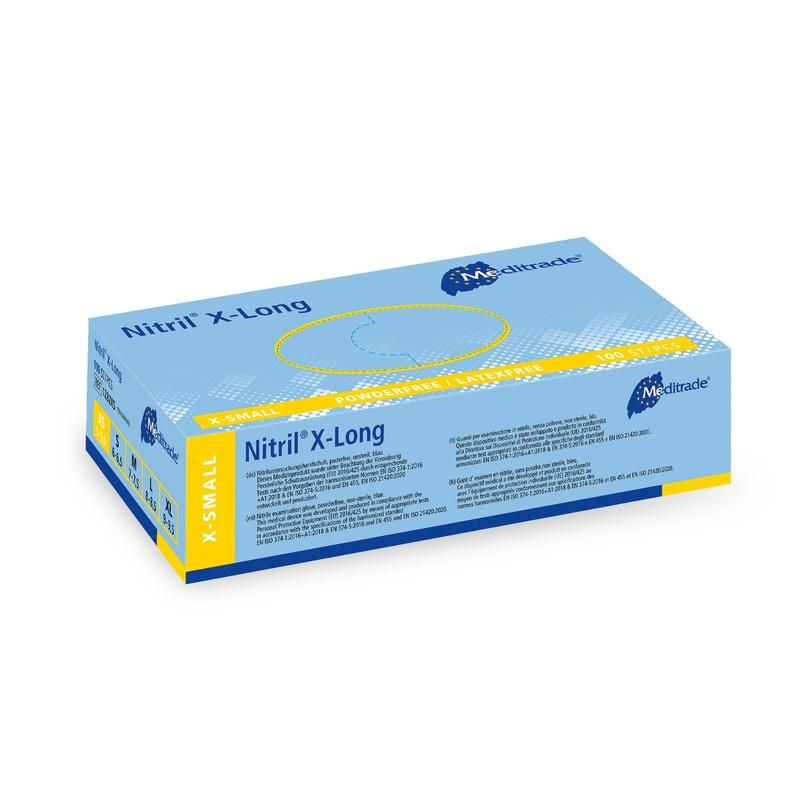 Blau-gelbe Verpackung mit der Aufschrift "Nitril X-Long". Auf der Verpackung sind Größenangaben und das Logo von Meditrade zu sehen.