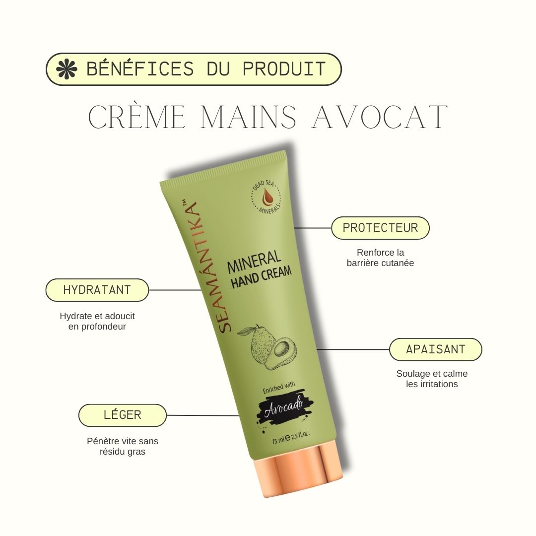 Tube de crème pour les mains verte. Texte: SEAMANTIKA, Mineral Hand Cream, Avocado. Bénéfices: hydratant, protecteur, apaisant, léger.