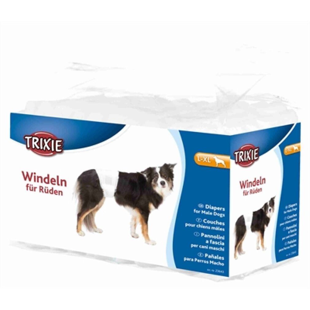 Verpackung Trixie Windeln für Rüden, Größe L-XL, mit Abbildung eines Hundes.