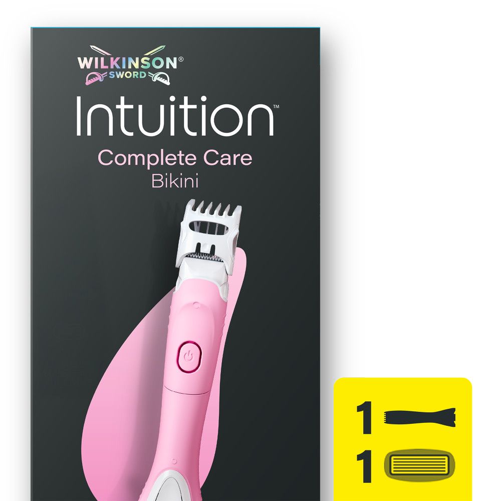 Wilkinson Sword Intuition Complete Care Bikini Rasierer und Verpackung in Rosa und Weiß.