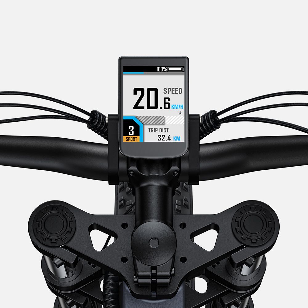 Nahaufnahme des Lenkers eines Elektrofahrrads. Digitales Display mit Geschwindigkeit, Distanz und Batteriestatus.