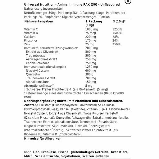 Nährwerttabelle von Universal Nutrition Animal Immune PAK. Enthält Angaben zu Vitaminen, Mineralien und Inhaltsstoffen.