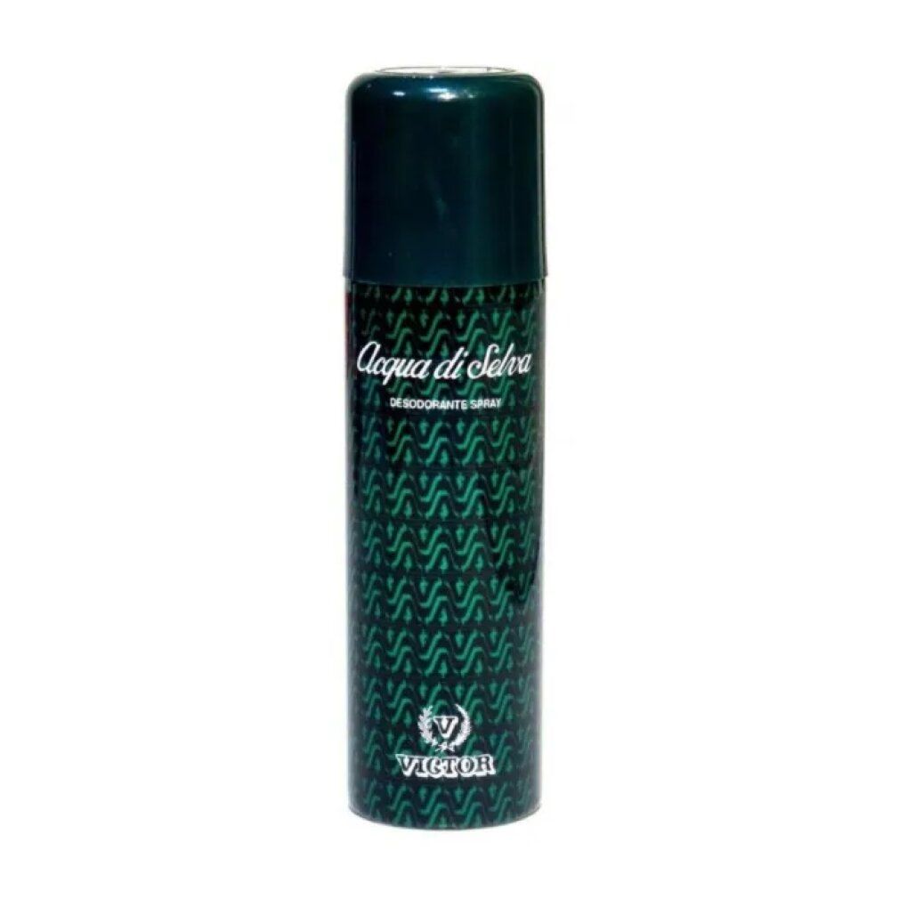 Deodorant-Spray. Grün-schwarzes Muster. Aufschrift: Acqua di Selva, Desodorante Spray, Victor. Zylindrische Form.