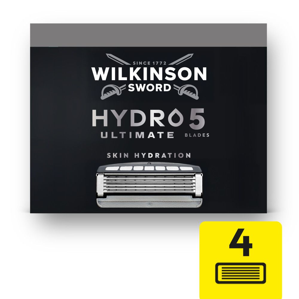 Rückseite der Verpackung für Wilkinson Sword Hydro 5 Klingen. Beschreibt Merkmale wie 5 Klingen, Gel-Formel und Hautpflege.