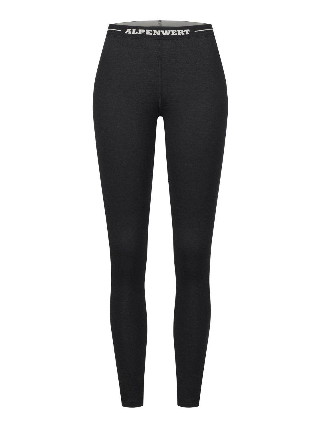 Schwarze Damen-Leggings aus Merinowolle mit ALPENWERT-Bund, Frontansicht.