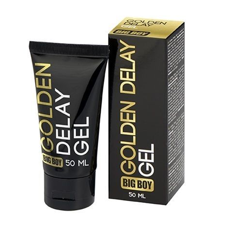 Schwarze Tube und Verpackung mit goldfarbenem Text. Aufschrift: GOLDEN DELAY GEL, BIG BOY, 50 ML.