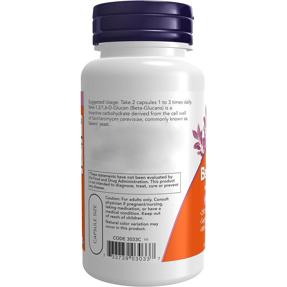 Rückseite der Flasche. Text: Beta-Glucans. Enthält Informationen zur Anwendung und Warnhinweise.