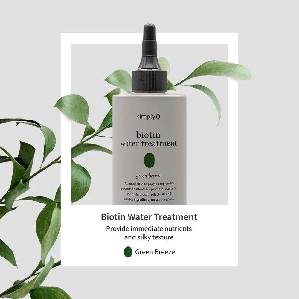 Graue Flasche mit schwarzem Applikator. Aufschrift: Biotin Water Treatment, Green Breeze. Grüne Blätter umrahmen das Produkt.