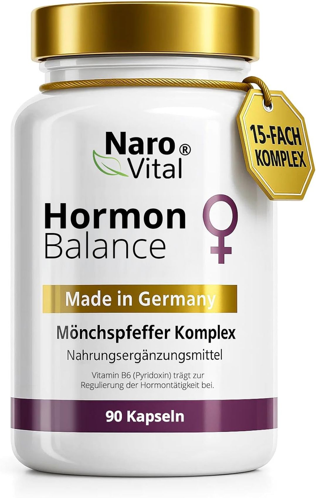 Weißes Flaschendesign mit goldfarbenem Deckel. Aufschrift: Hormon Balance, 90 Kapseln. Anhänger: 15-fach Komplex.