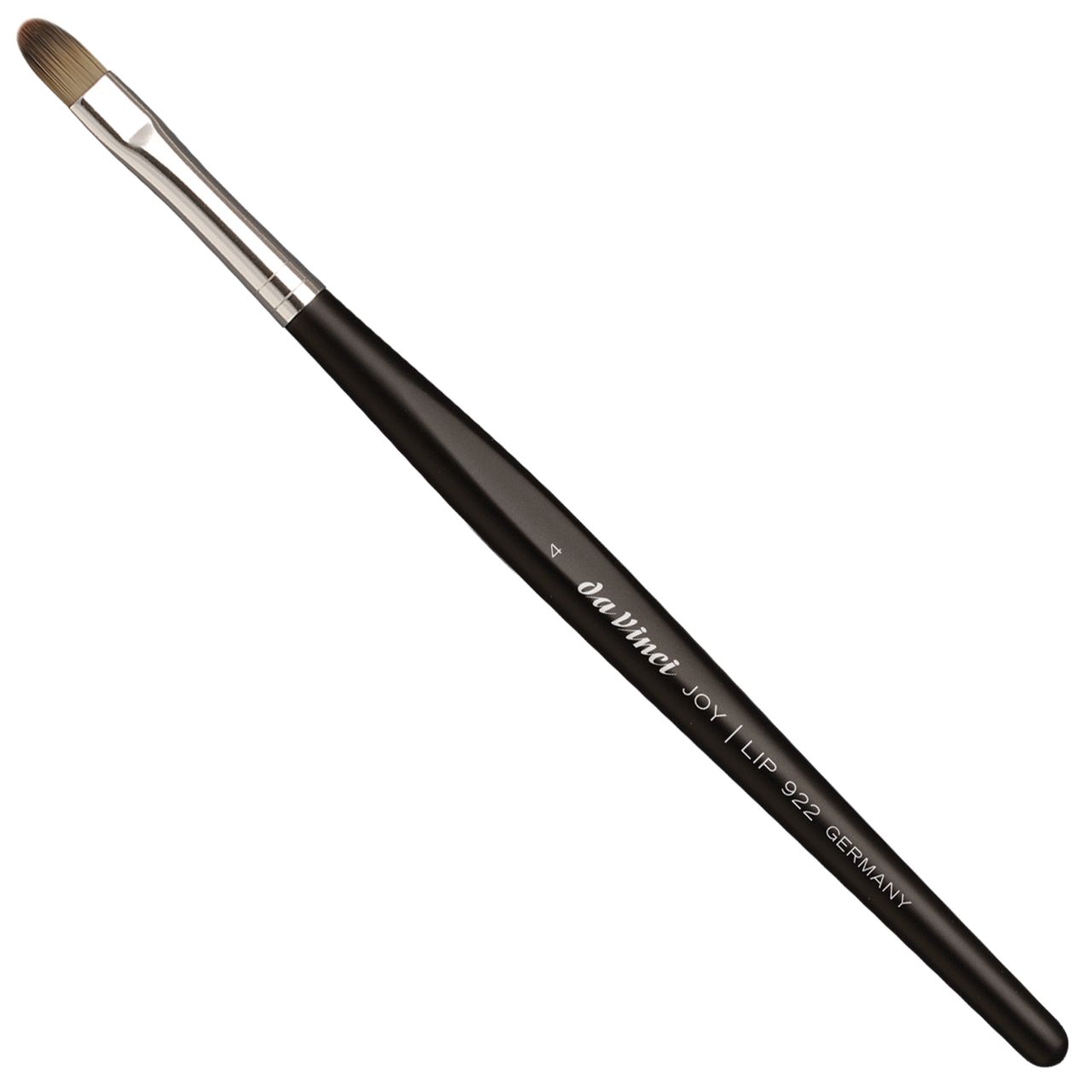 Pinsel mit schwarzem Griff, silberner Zwinge und ovalem Pinselkopf. Aufschrift: Da Vinci JOY LIP 922 GERMANY.