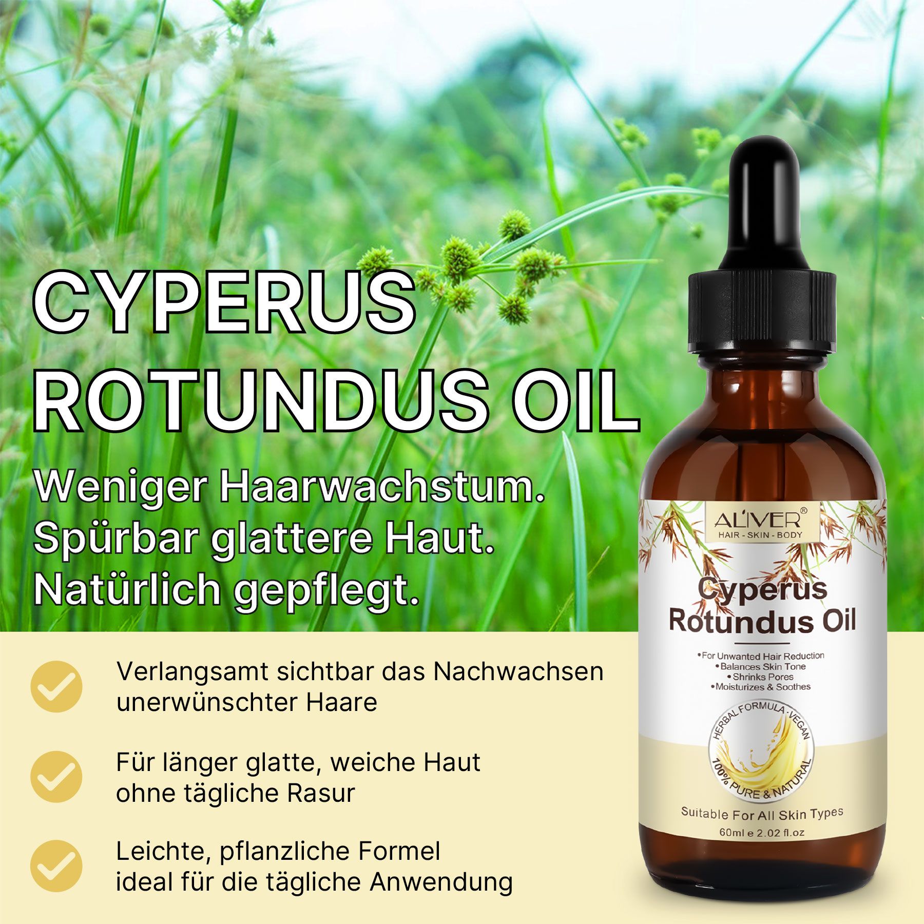 Braune Glasflasche mit Pipette. Aufschrift: Cyperus Rotundus Oil. Zusatzinformationen und Logos.
