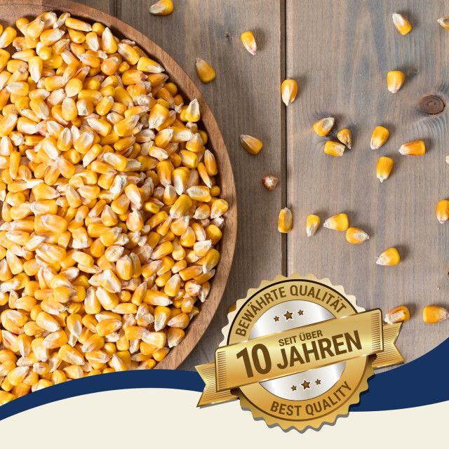 Maiskörner in einer Holzschale. Goldene Plakette: Bewährte Qualität, seit über 10 Jahren, Best Quality.