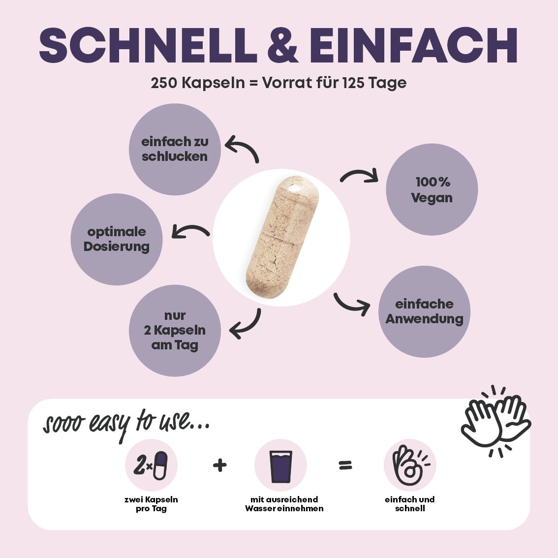 Magnesium Kapsel, 250 Kapseln = 125 Tage. Einfach zu schlucken, vegan, optimale Dosierung, einfache Anwendung.