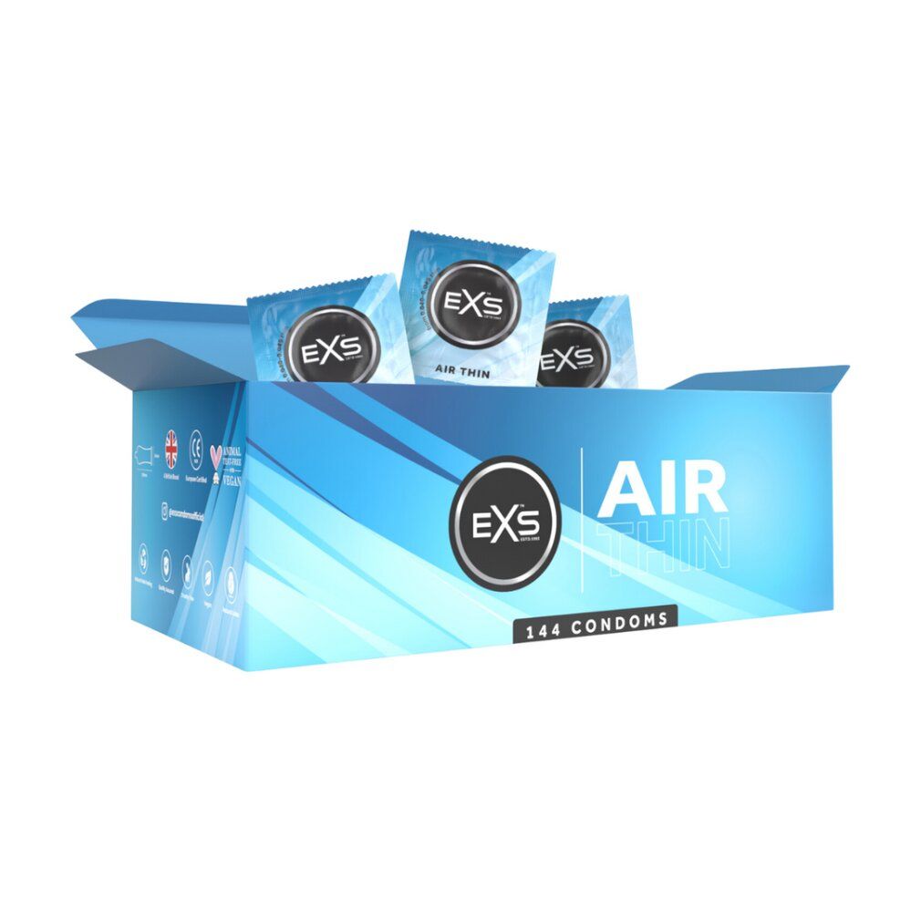 Geöffnete Box mit EXS Air Thin Kondomen, einzelne Verpackungen sichtbar.