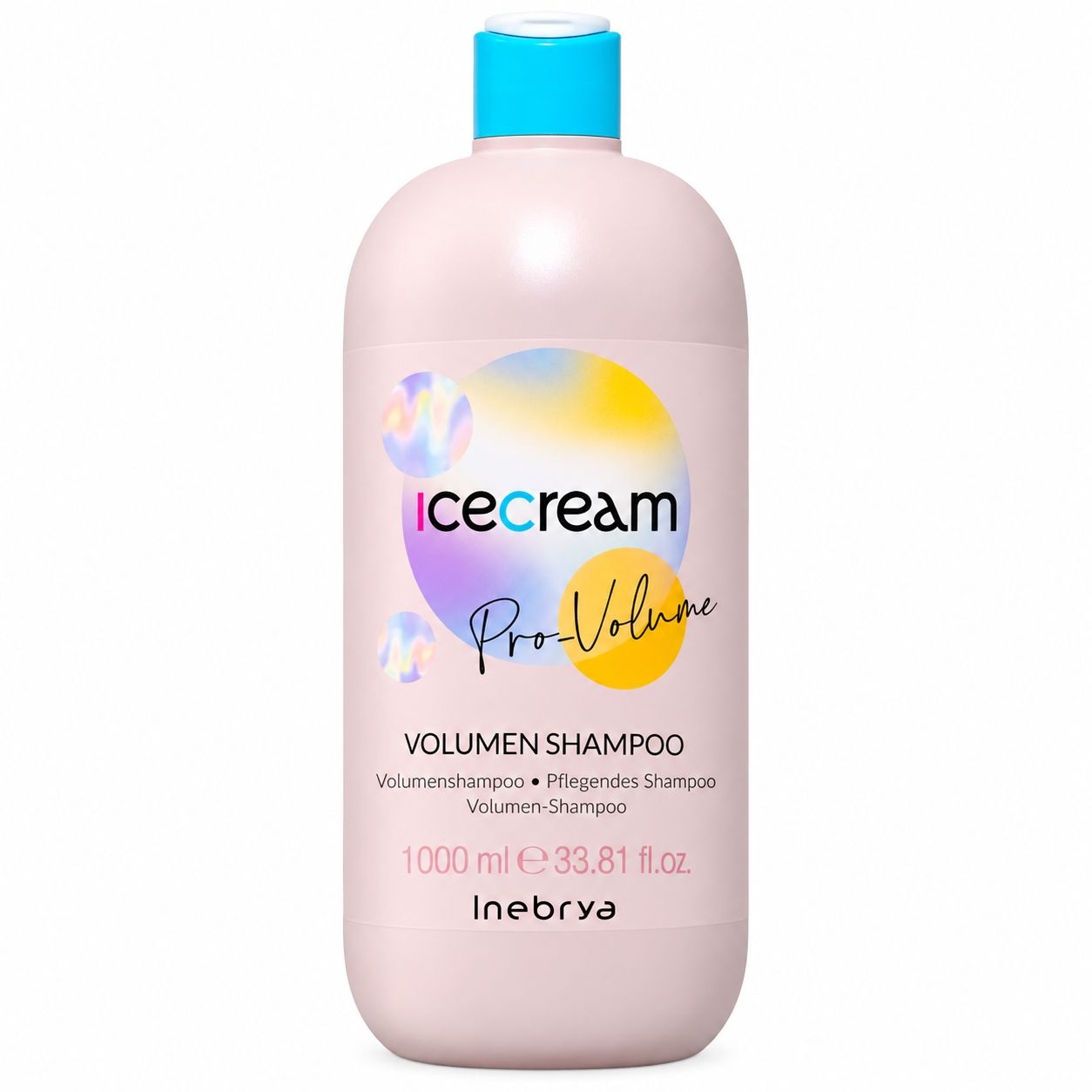 Rosa Flasche Ice Cream Pro-Volume Volumen Shampoo, 1000ml. Mit bunter Blasen-Grafik.