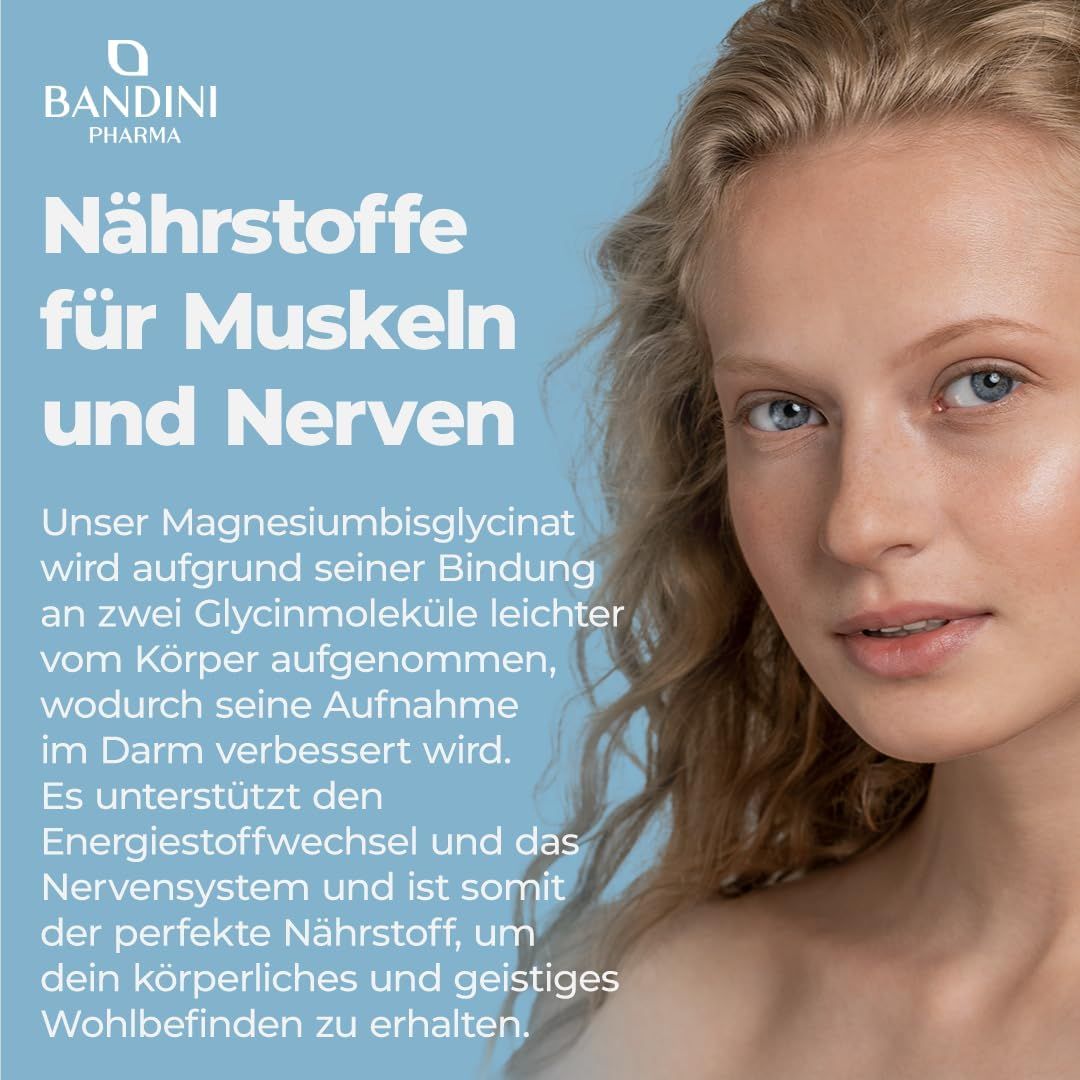 Nahaufnahme einer Frau. Im Hintergrund Text über Magnesiumbisglycinat. Kein Produkt sichtbar.