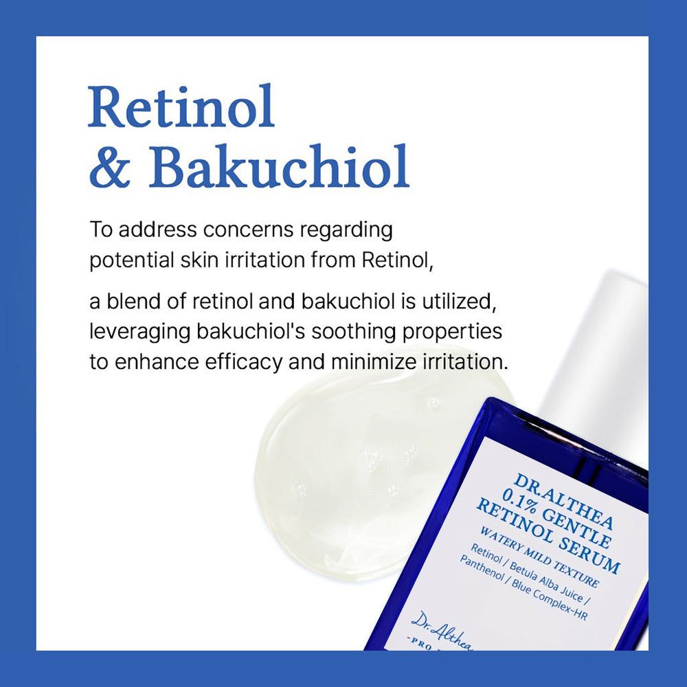 Tropfen von Dr. Althea 0,1% Sanftem Retinol-Serum mit Text über Bakuchiol.