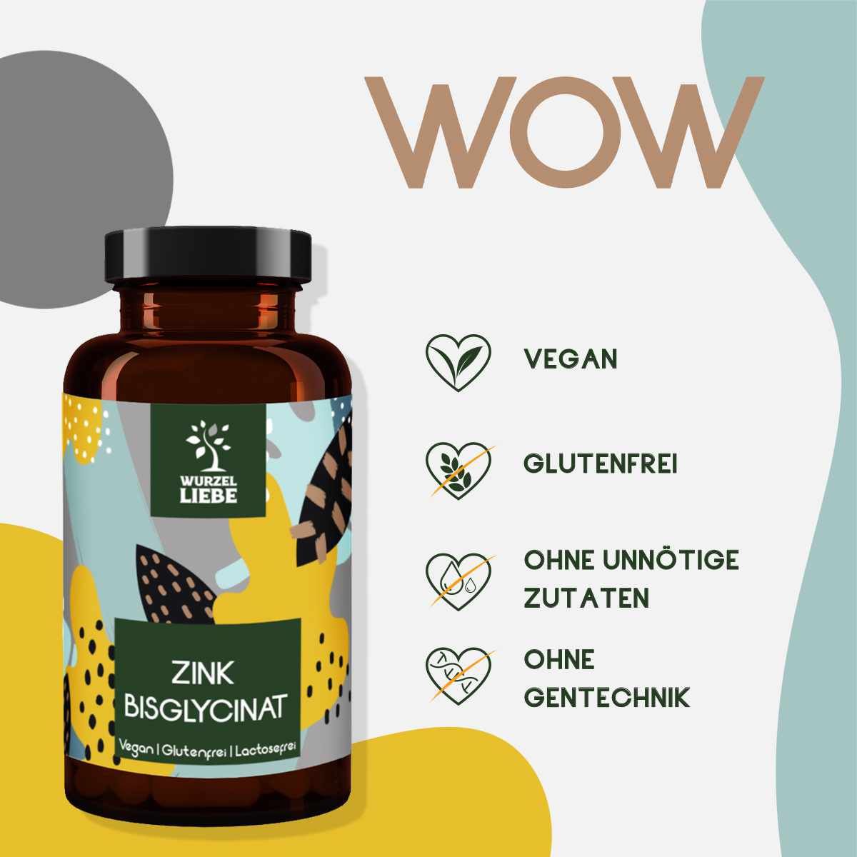 Braune Flasche Zink Bisglycinat. Aufschrift: Vegan, glutenfrei, ohne unnötige Zutaten, ohne Gentechnik. Logo: WURZELLIEBE.