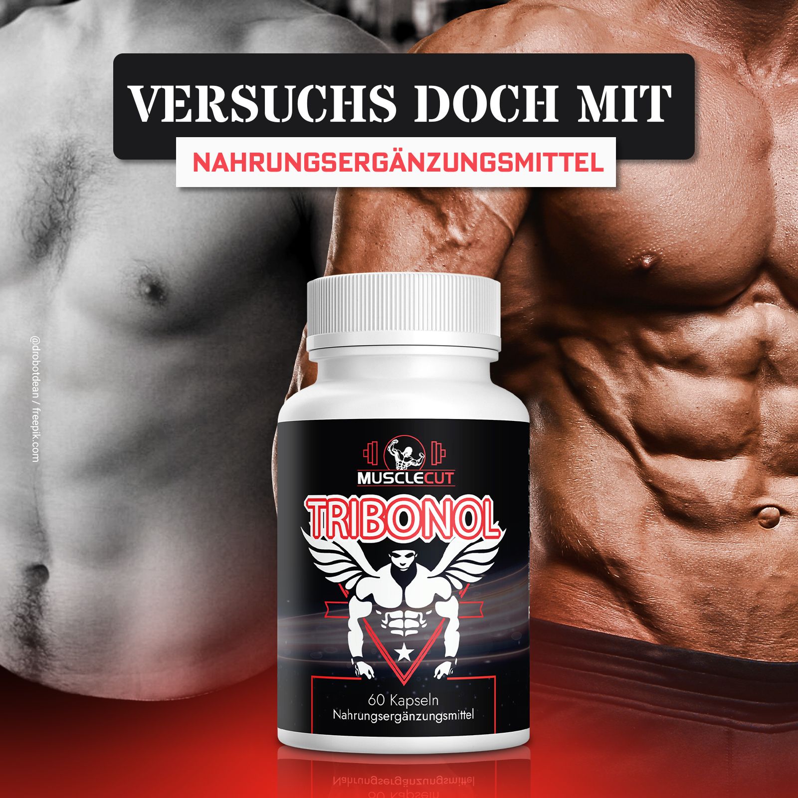 Weiße Flasche mit schwarzem Etikett. Aufschrift: Tribonol, 60 Kapseln. Hintergrund: muskulöser Mann.