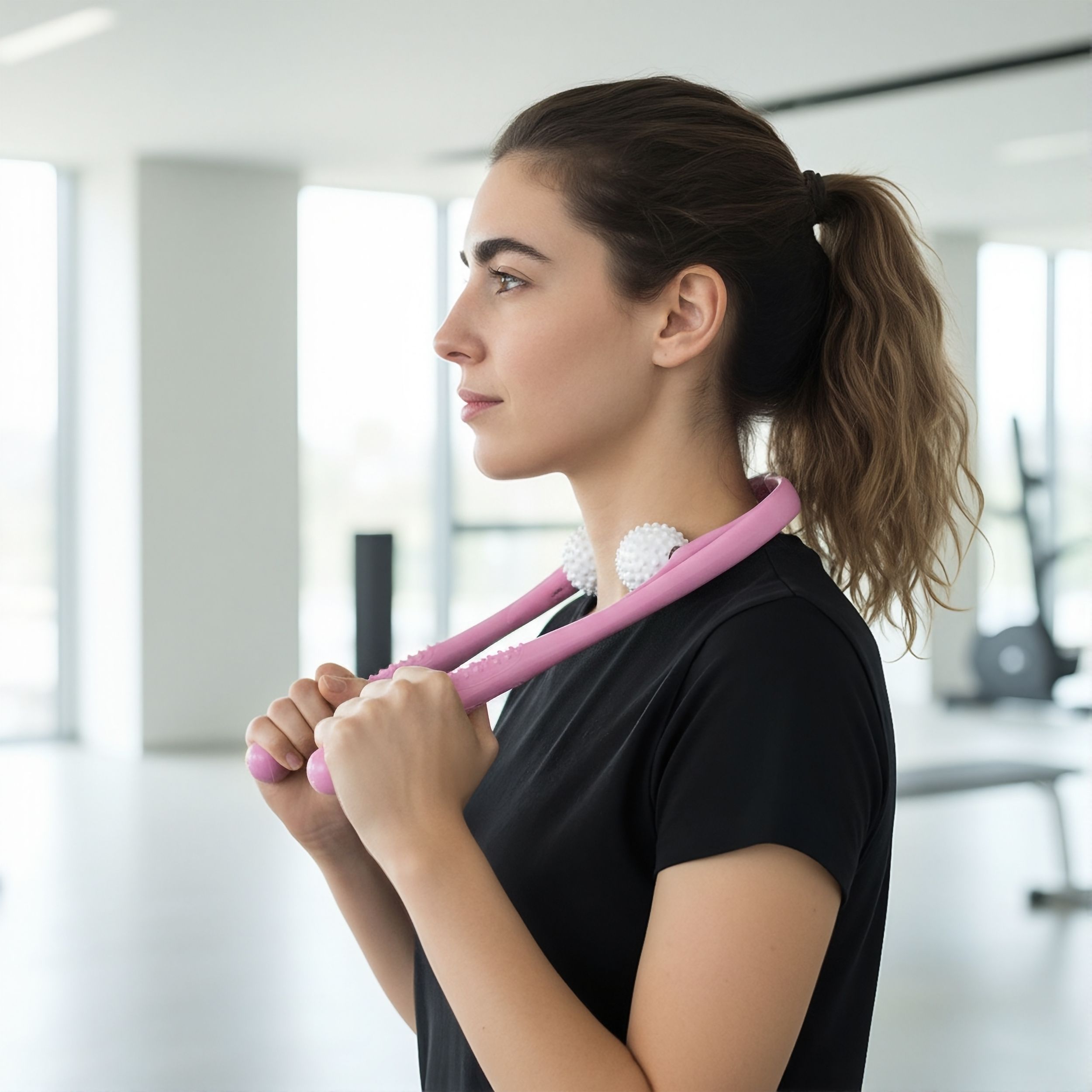 Rosa Nacken- & Schultermassager, Frau hält es. Zwei weiße Kugeln am Nacken. Schwarzes T-Shirt, Fitnessstudio-Hintergrund.