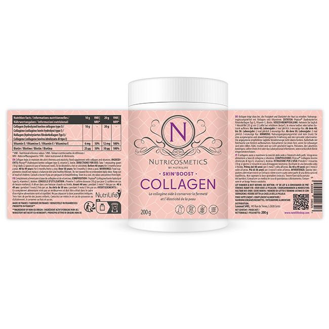 Nutricosmetics Skin'Boost Collagen-Pulver. Rosa Dose mit weißem Deckel. Text: Collagen, 200g. Mit N-Logo und Qualitätszeichen.