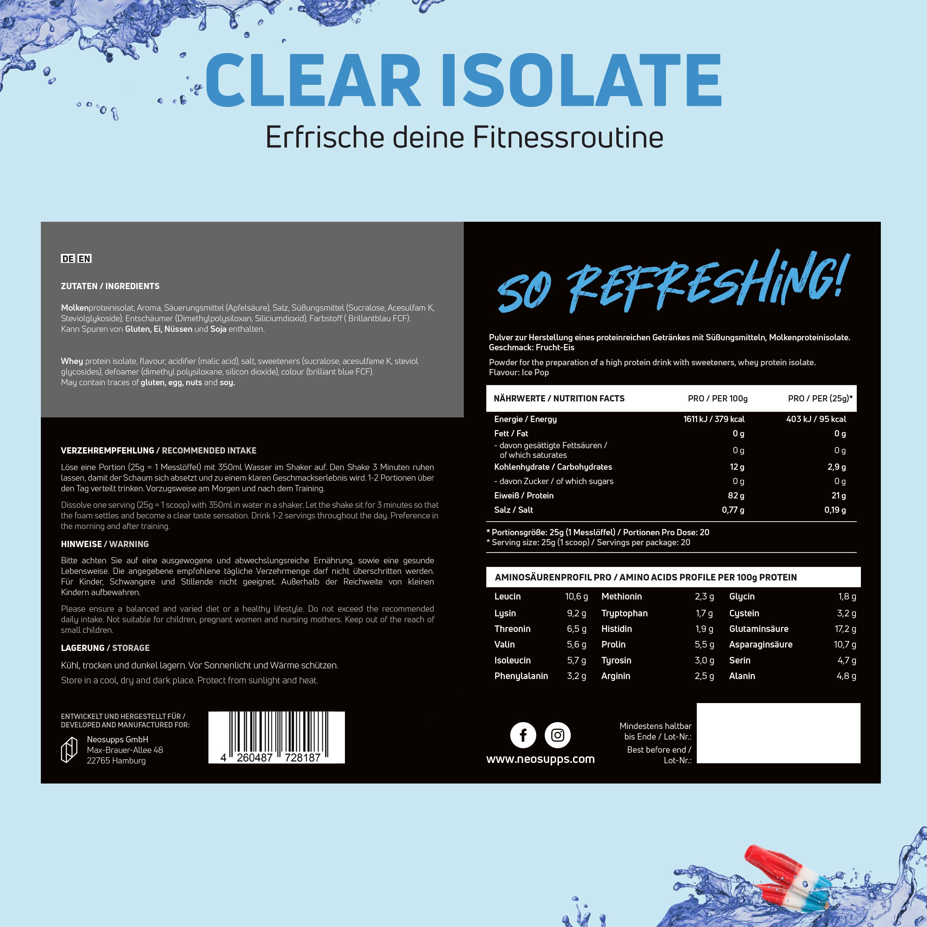 Rückseite der Dose "CLEAR ISOLATE". Text: Zutaten, Nährwertangaben, Aminosäurenprofil. Aufschrift: So Refreshing! Produkt: Ice Pop Geschmack.