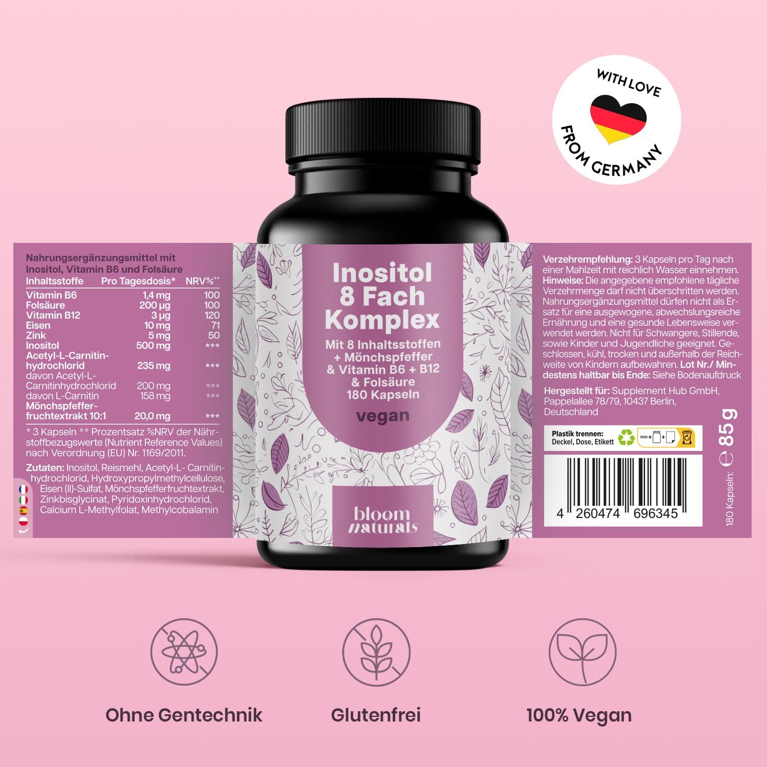 Inositol Komplex - 180 Kapseln - Mit Mönchspfeffer, Zink, Eisen & B-Vitaminen - Bloom Naturals®