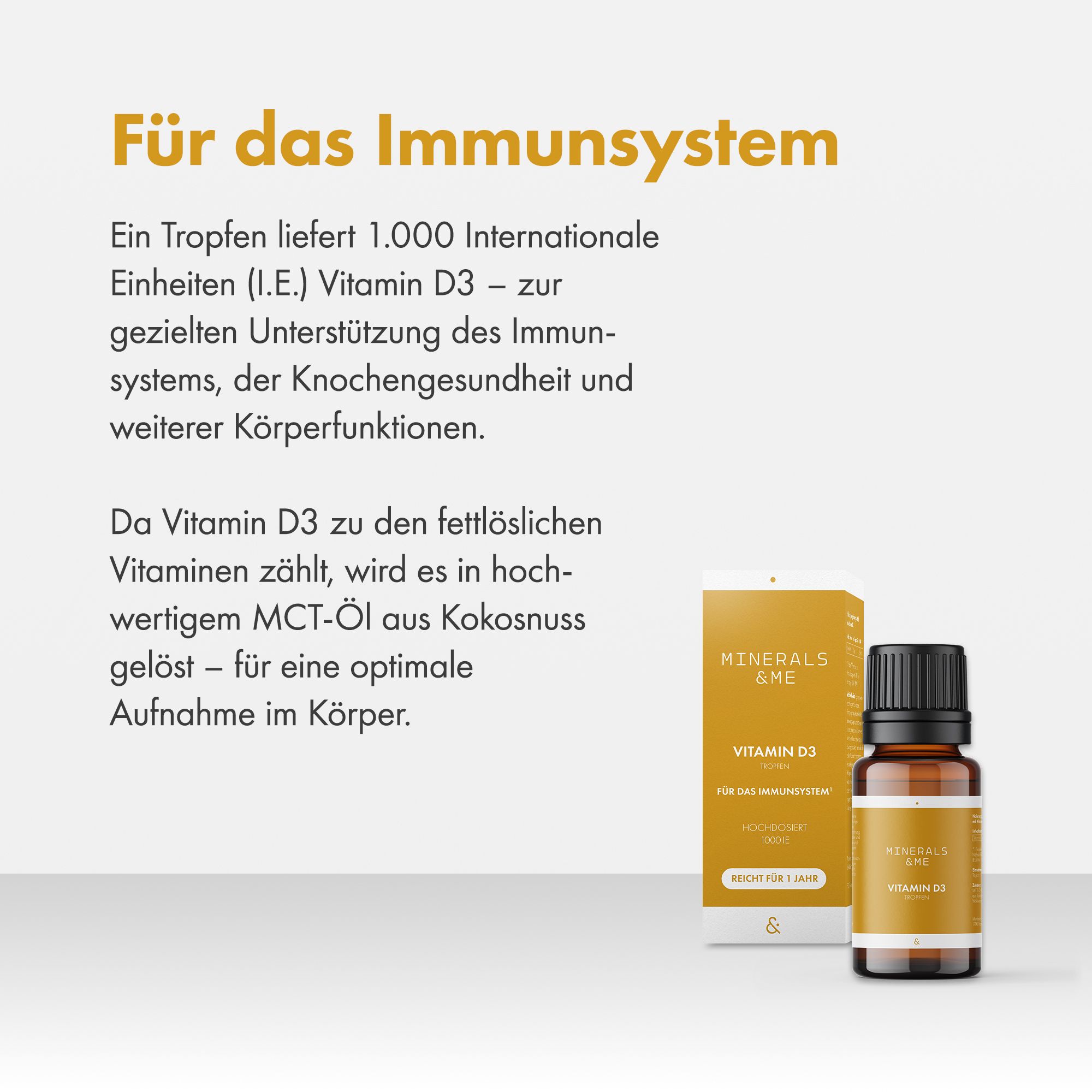 Braunglasflasche mit Tropfen. Aufschrift: MINERALS & ME Vitamin D3. Karton mit Produktinformationen. Für das Immunsystem.
