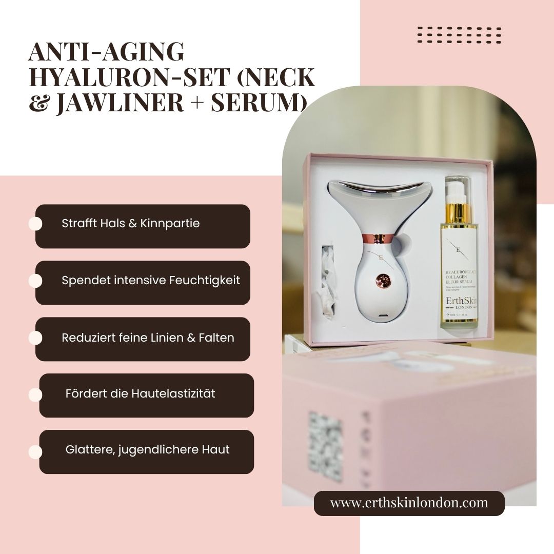 Rosa Verpackung mit Gerät und Serum. Text: Anti-Aging Hyaluron-Set. Das Gerät hat eine geschwungene Form. Auf der Verpackung sind Vorteile aufgelistet.