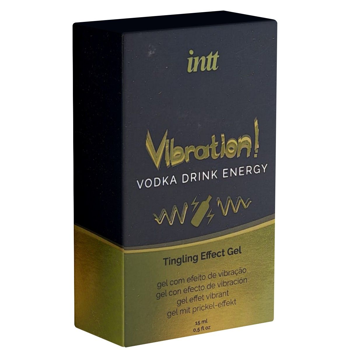 Schwarze Schachtel mit goldener Schrift: INTT, Vibration! Vodka Drink Energy, Tingling Effect Gel. 15 ml.